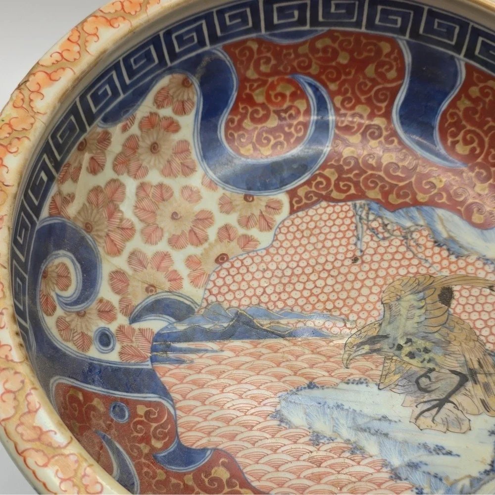 Antique Japanese Imari Porcelain Bowl Hawk Falcon Meiji Edo 19th C As Is Cracked
